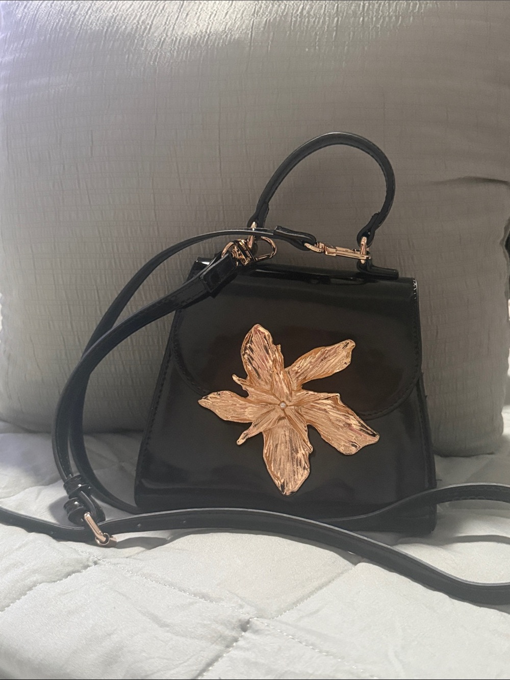 Anne Klein Black Patent Mini Top-Handle Bag with Gold Floral Accent